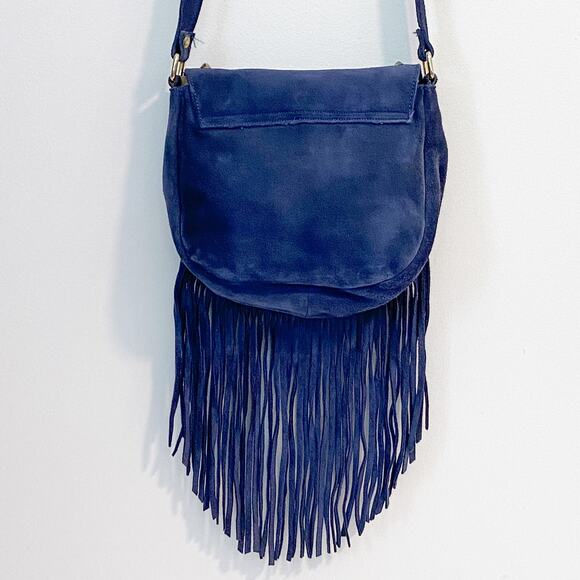 Prune Blue Suede Studded Fringe Cross Body Bag - Picture 5 of 14